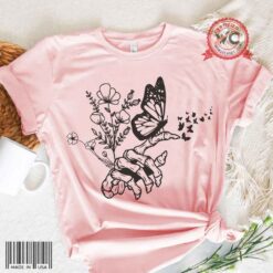 Skull hand butterflies shirt, floral skeleton hand shirt, gothic skull butterflies shirt, gothic shirt