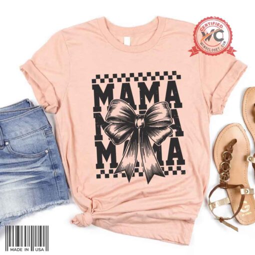 Mama checkered Coquette Bow shirt, Checkered Mama shirt, gift for mom, Mom Life Tee shirt