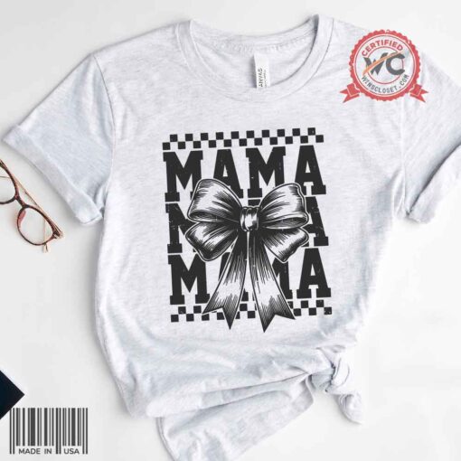 Mama checkered Coquette Bow shirt, Checkered Mama shirt, gift for mom, Mom Life Tee shirt